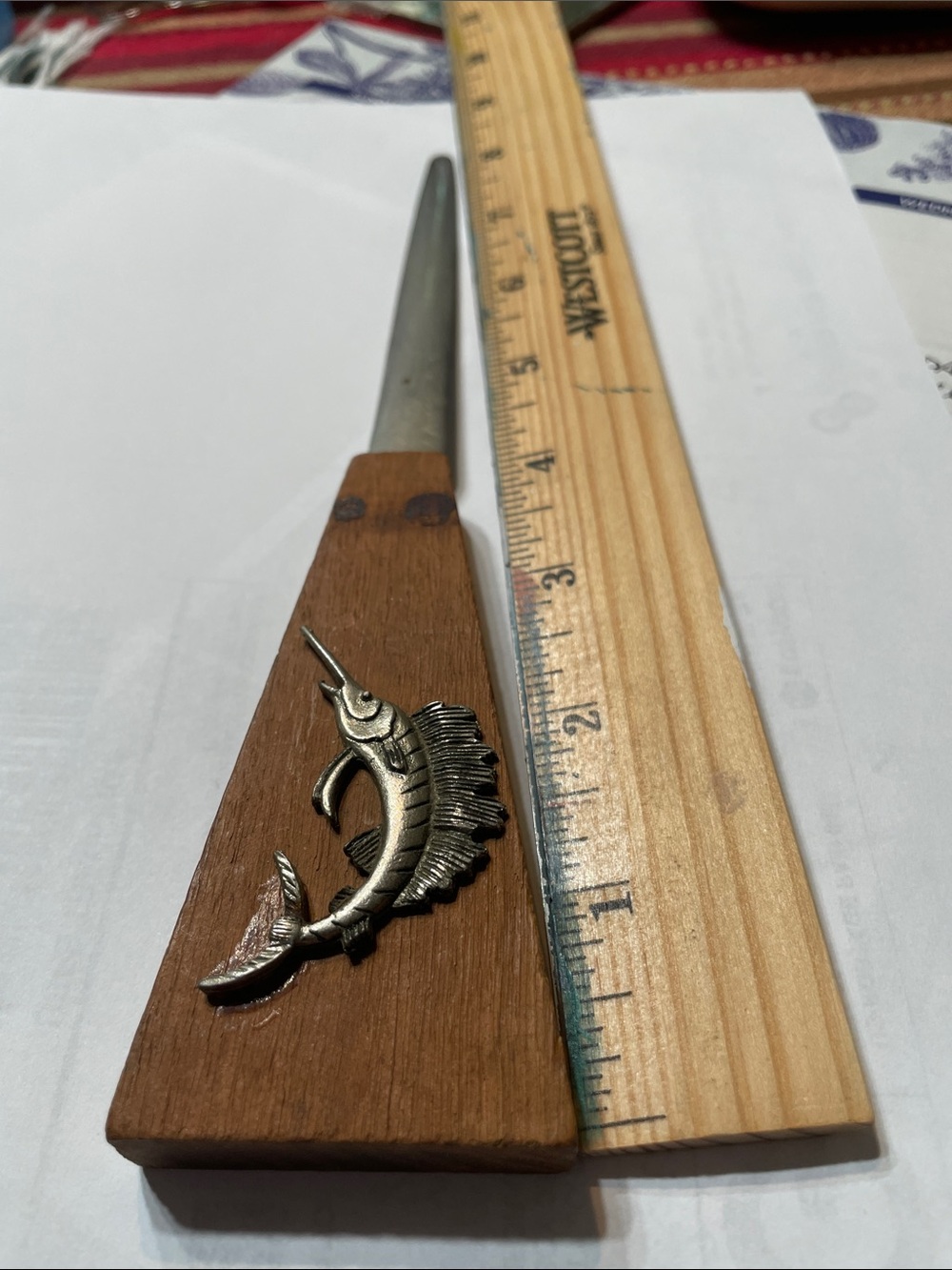 Brown Wood-Handled letter opener with Silver Marlin Accent